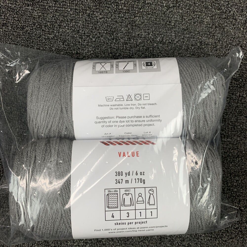 Lot Of 2 Big Twist Value Titanium Grey Discontinued Acrylic Yarn 6oz 380yds Ea